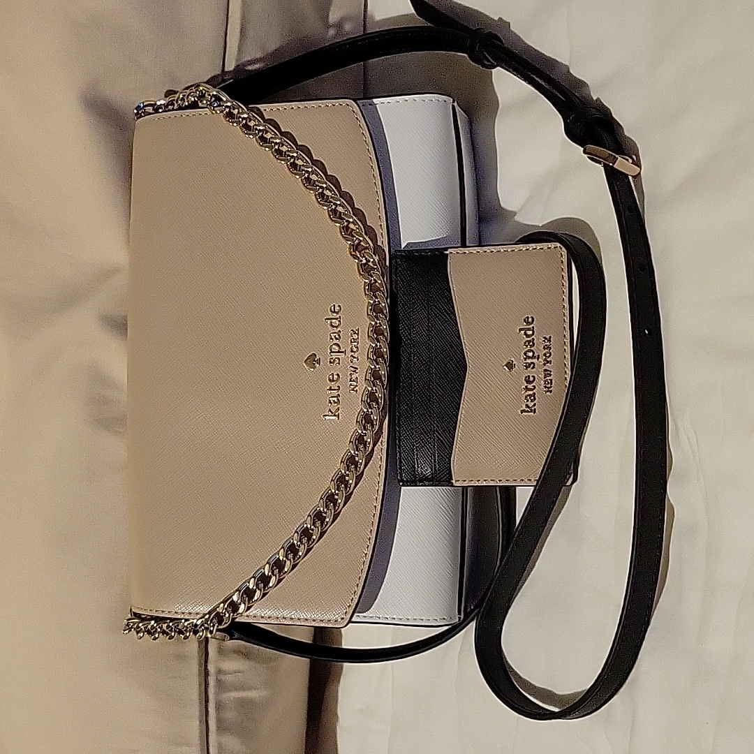 Kate Spade Beige, White & Black Crossbody Bag With Cardholder